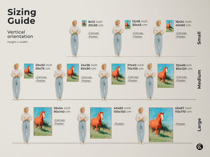 Sizing guide for vertical equestrian canvas art and posters. Visualize different sizes from small to large with a model. Find the perfect fit for your space whether it's 8x12 inch or 45x67 inch. Choose the ideal size for your impressionist horse canvas or rustic landscape print to enhance your home decor.