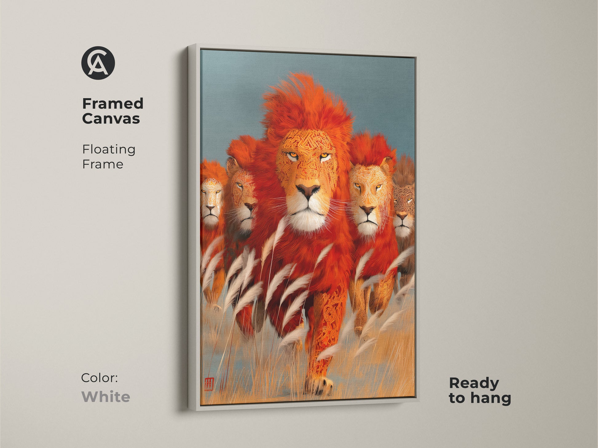 Framed canvas featuring a family of lions in orange and teal. The artwork has a floating frame in white. Perfect for adding an eclectic touch to your home decor. Ready to hang. This African wildlife art print creates a savanna atmosphere. The majestic animal canvas enhances any room.