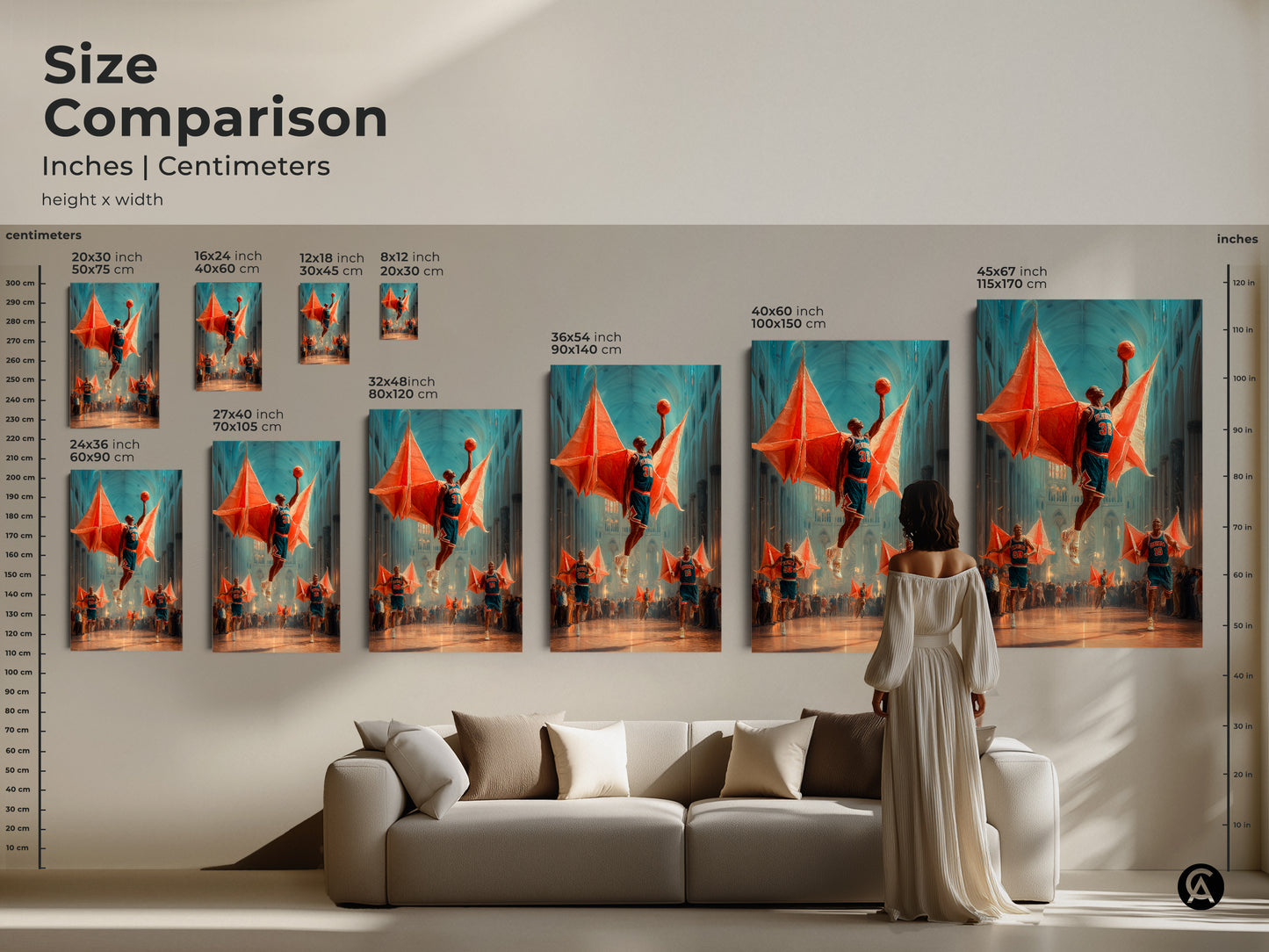 A size comparison shows various dimensions of the surreal basketball cathedral canvas. See how the artwork fits in different spaces from small to large. Perfect modern eclectic art for your home or office. Unique sports artwork tailored to your needs. Orange teal blue wall art.