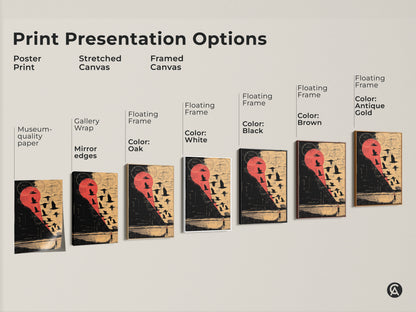 Print Presentation Options featuring a Grunge Eclectic Wall Art. Options include Poster Print Stretched Canvas and Framed Canvas with different colors. A collage of a flock of birds in flight with a striking Red Beige and Black color palette.
