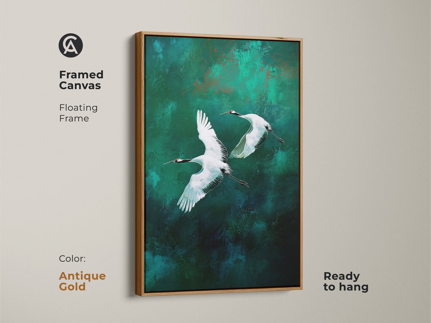 Framed canvas with antique gold frame showcasing cranes art. Graceful birds fly across an emerald and teal abstract canvas. A contemporary nature art piece ready to hang and elevate your space.