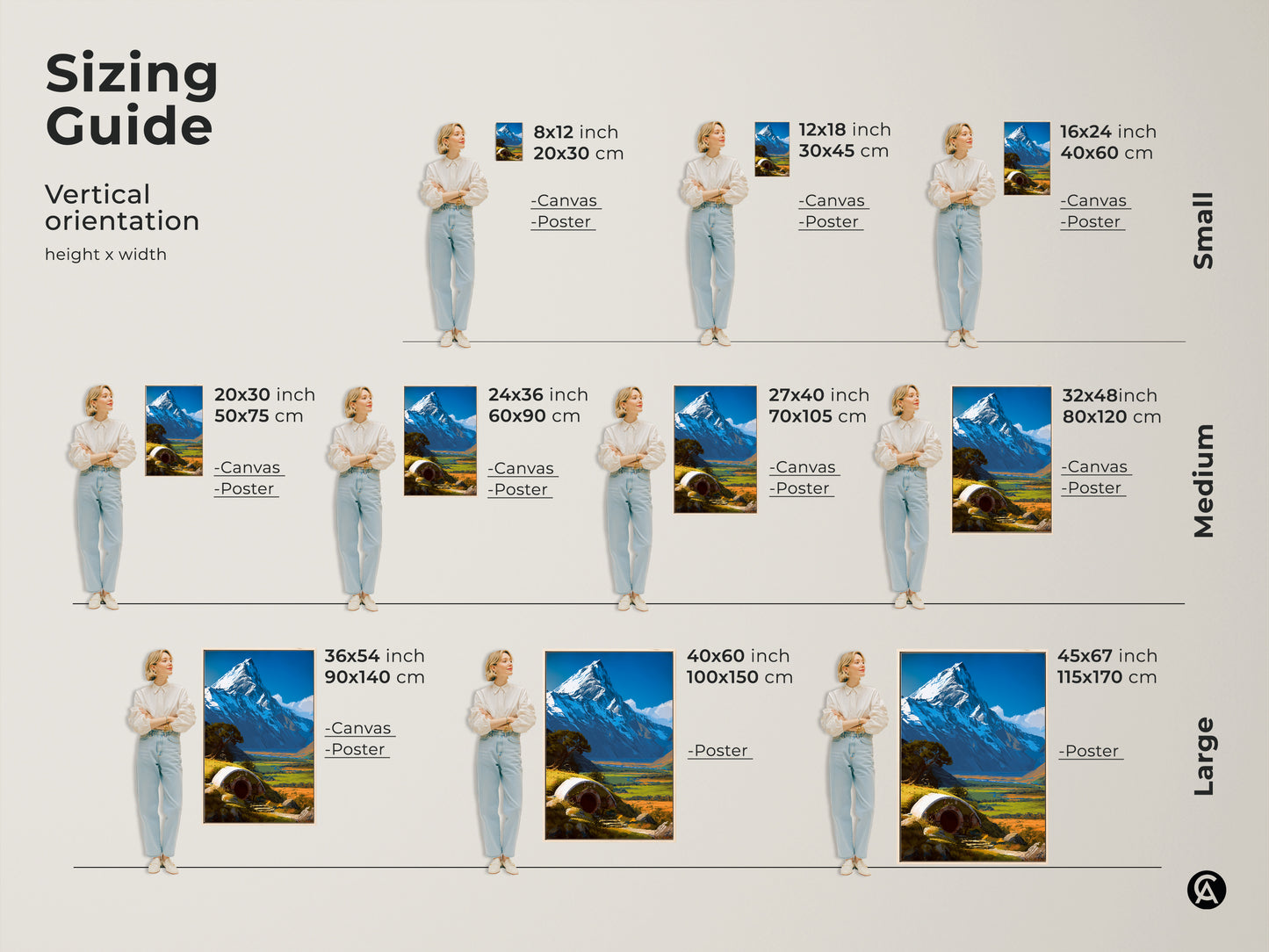 Sizing guide for vertical Hobbit Hole art prints featuring a snowy mountain landscape. Available in small medium and large sizes. Choose from canvas or poster prints to fit your space. Transform your bedroom or living room with this fantasy inspired wall art.