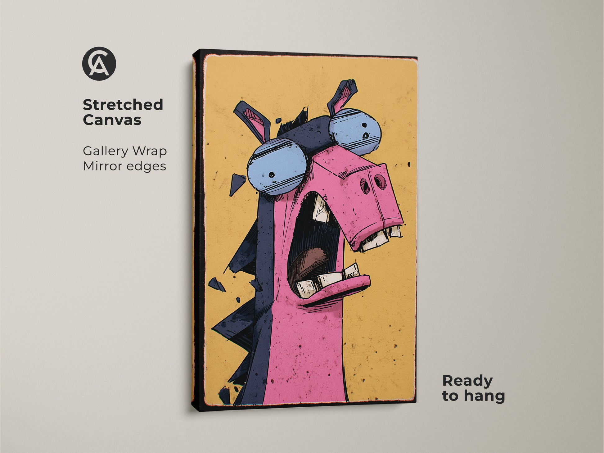 This stretched canvas features a cartoon donkey with glasses art. The gallery wrap has mirror edges and is ready to hang. The pink yellow blue art print adds color to any room. It's perfect for kids' room wall art or as a quirky animal print.