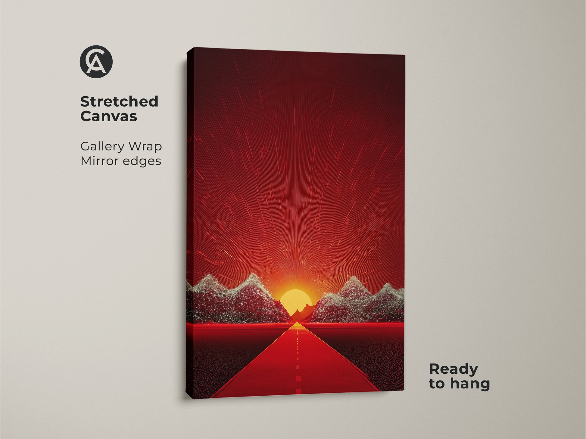 Stretched Canvas of a Retro Futurism Landscape. The abstract mountain road art features a vibrant sunset. This Eclectic red orange artwork is ready to hang. A perfect travel lover gift idea.