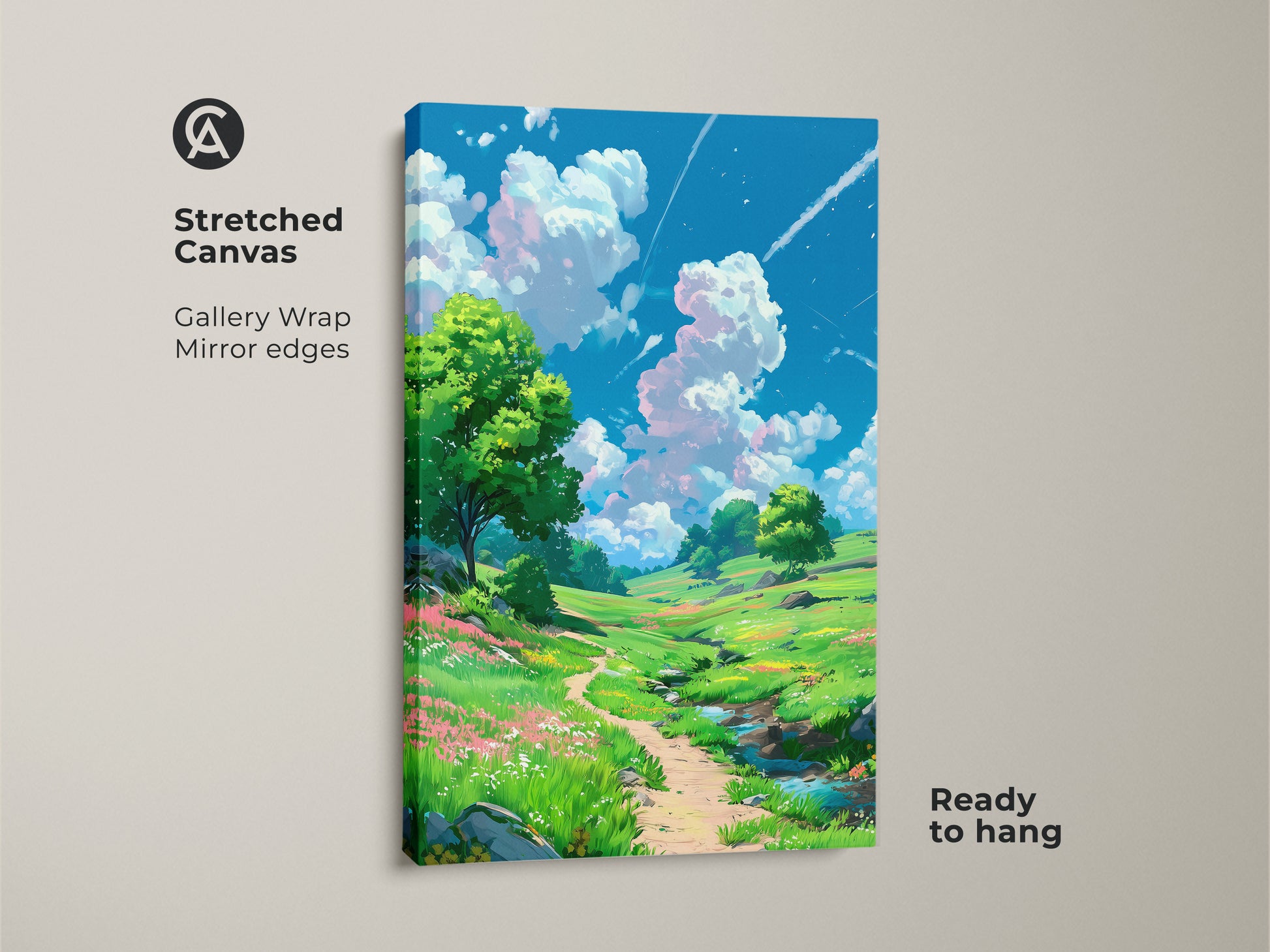 Stretched canvas gallery wrap artwork featuring a picturesque landscape. Mirror edges create a seamless and modern look. The bright colors and detailed scenery of the nature painting bring the outdoors in. Ready to hang and enjoy.