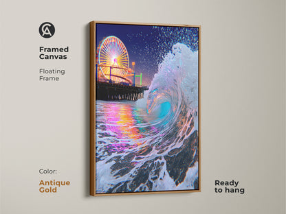 Framed canvas with a nighttime ocean wave and Ferris wheel. The antique gold floating frame enhances the teal blue pink artwork. This coastal art brings travel and nightlife vibes to your home.