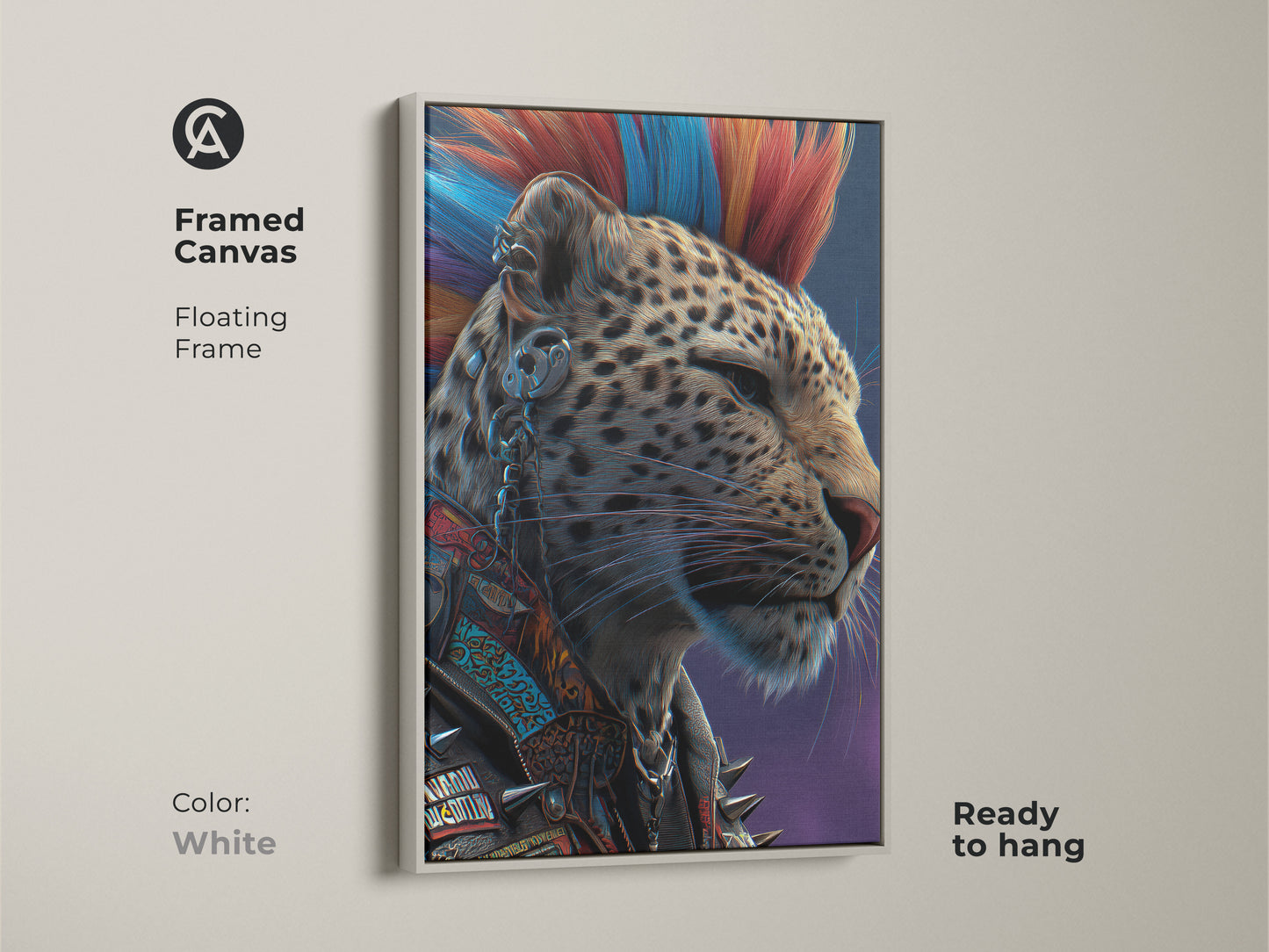 White framed Punk Leopard art is an ideal modern wall hanging. This canvas print embodies a cyberpunk aesthetic. Ready to hang the rebel animal artwork easily enhances any space. This unique animal print offers a gift for rockers adding an alternative touch to the home.