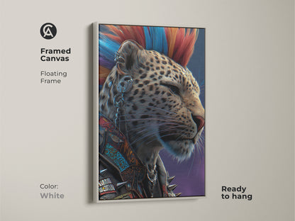 White framed Punk Leopard art is an ideal modern wall hanging. This canvas print embodies a cyberpunk aesthetic. Ready to hang the rebel animal artwork easily enhances any space. This unique animal print offers a gift for rockers adding an alternative touch to the home.