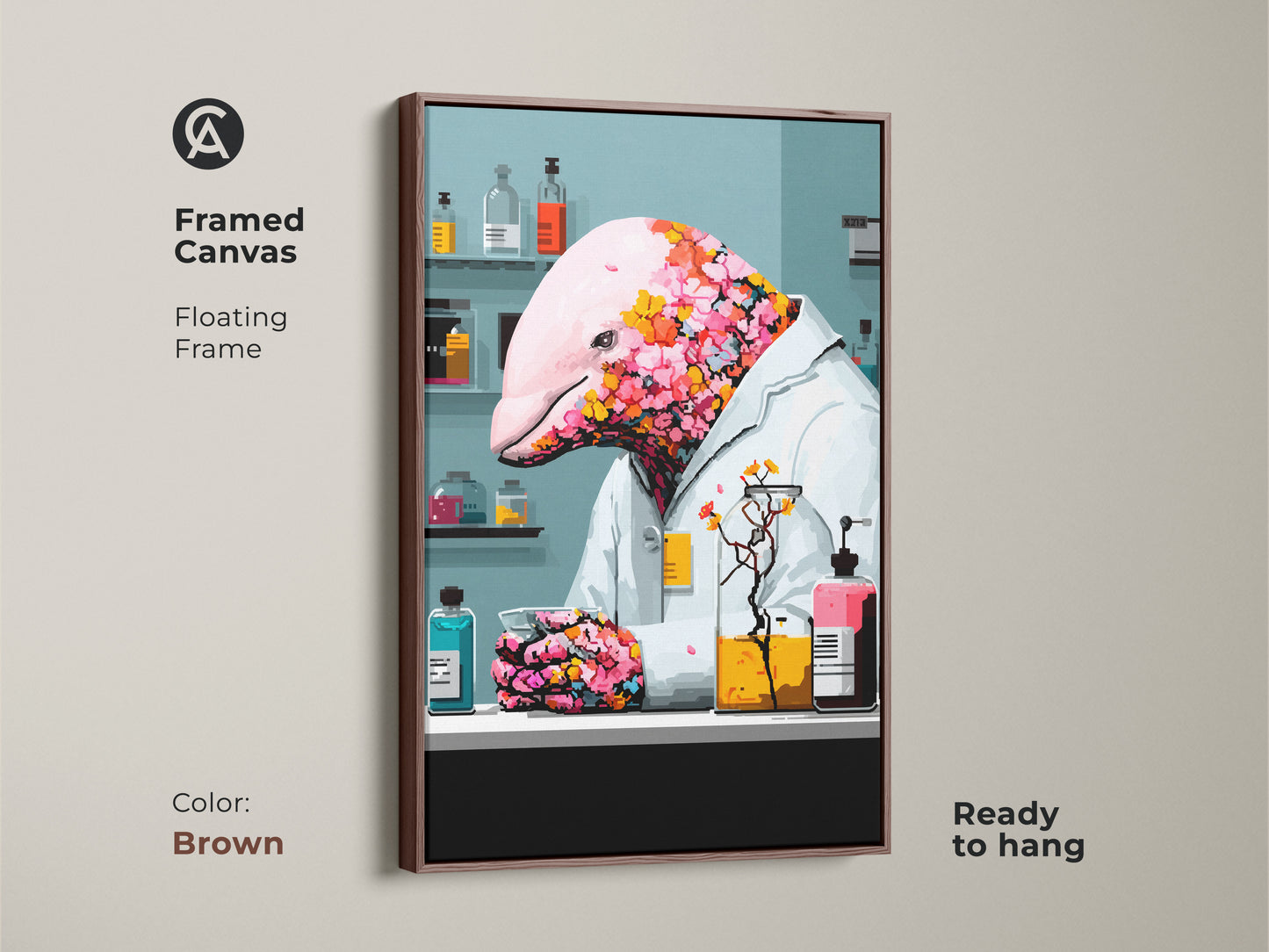 Framed canvas featuring surreal dolphin artwork with an antique gold floating frame. This science lover wall decor shows a dolphin scientist canvas print. The eclectic office wall decor makes a unique gift for a scientist ready to hang