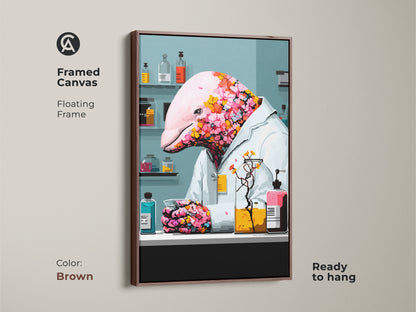 Framed canvas featuring surreal dolphin artwork with an antique gold floating frame. This science lover wall decor shows a dolphin scientist canvas print. The eclectic office wall decor makes a unique gift for a scientist ready to hang