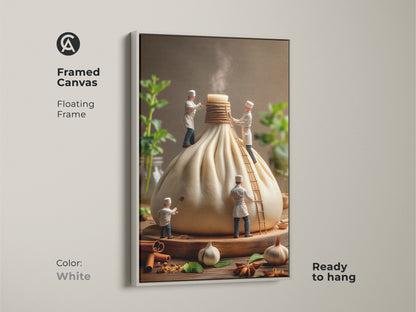 Framed canvas art displaying miniature chefs and a giant dumpling. The white floating frame gives a clean look to this food art print. A delightful kitchen artwork that is ready to hang and enjoy.