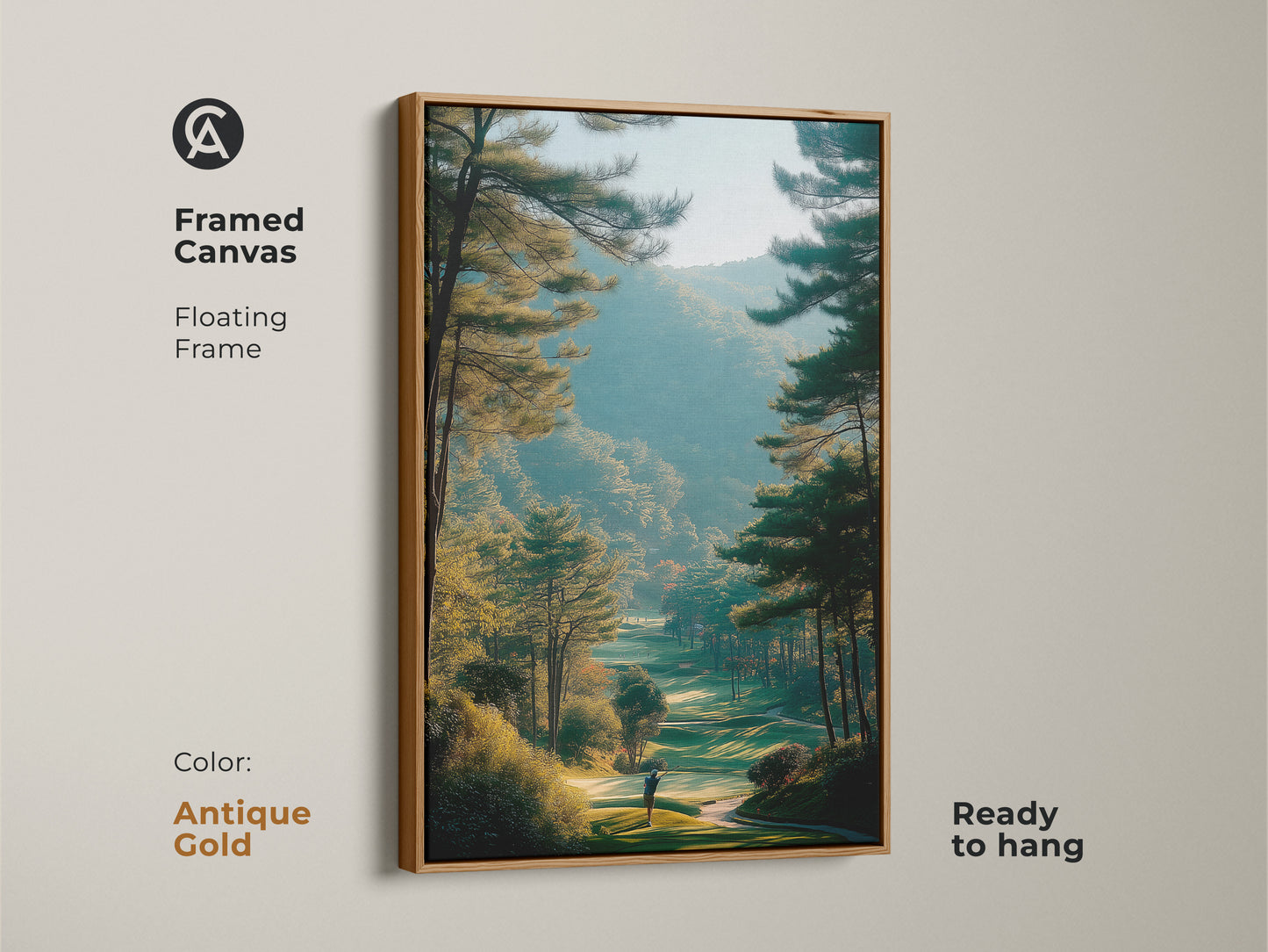 Antique gold framed canvas artwork of a golf course. This ready to hang fine art print features a golfer on the fairway. The floating frame adds a touch of elegance. Elevate your home decor with this scenic landscape art.