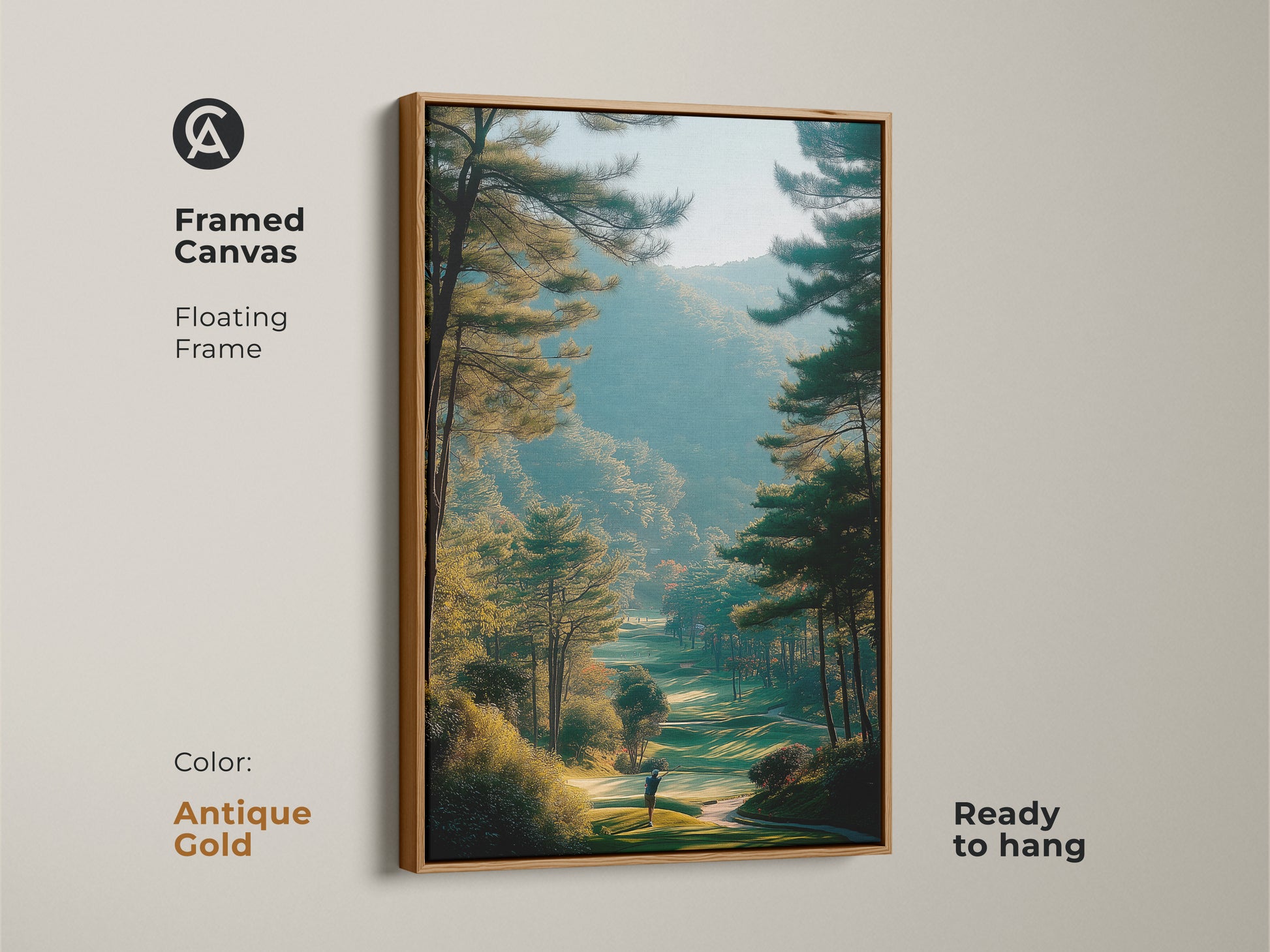 Antique gold framed canvas artwork of a golf course. This ready to hang fine art print features a golfer on the fairway. The floating frame adds a touch of elegance. Elevate your home decor with this scenic landscape art.