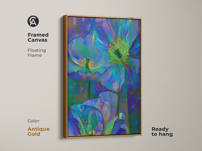 Framed canvas with a floating frame showcases abstract blue floral art. This teal green poppy anemone painting is ready to hang adding a bohemian touch. Antique gold frame enhances the nature-inspired artwork creating a impressionistic flower decor.