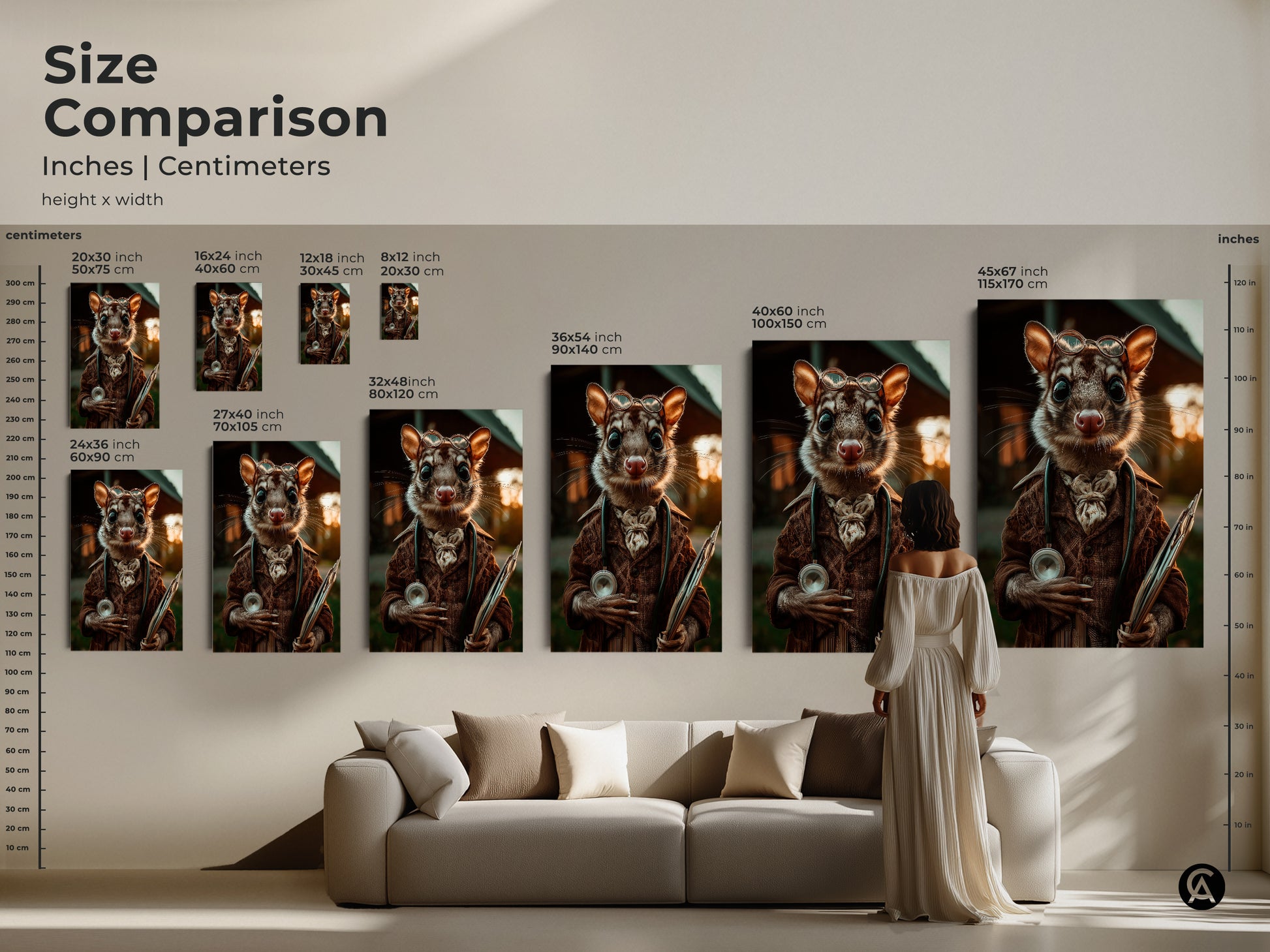 Size comparison of the possum doctor art print in various sizes. This surreal animal portrait adds eclectic charm to any space. The artwork is available in multiple dimensions shown in inches and centimeters. This piece makes a unique and quirky addition to any home or office decor style.