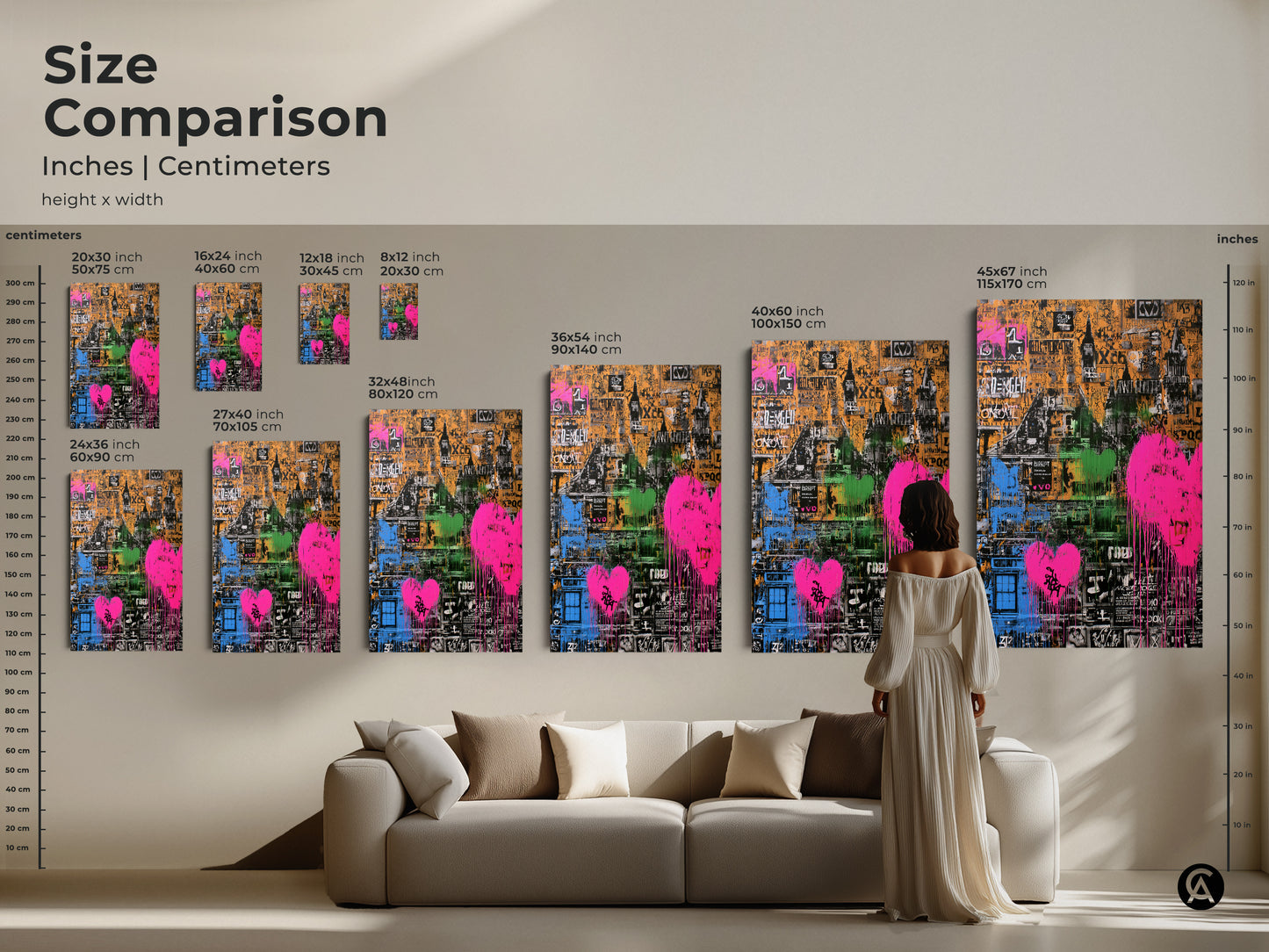 Size comparison of abstract cityscape canvas prints. Visualize the graffiti heart artwork in different dimensions. See how the orange pink and green colors complement your space. Perfect for eclectic wall decor and modern art lovers. Find the ideal size.