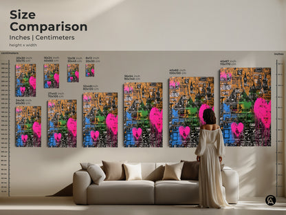 Size comparison of abstract cityscape canvas prints. Visualize the graffiti heart artwork in different dimensions. See how the orange pink and green colors complement your space. Perfect for eclectic wall decor and modern art lovers. Find the ideal size.