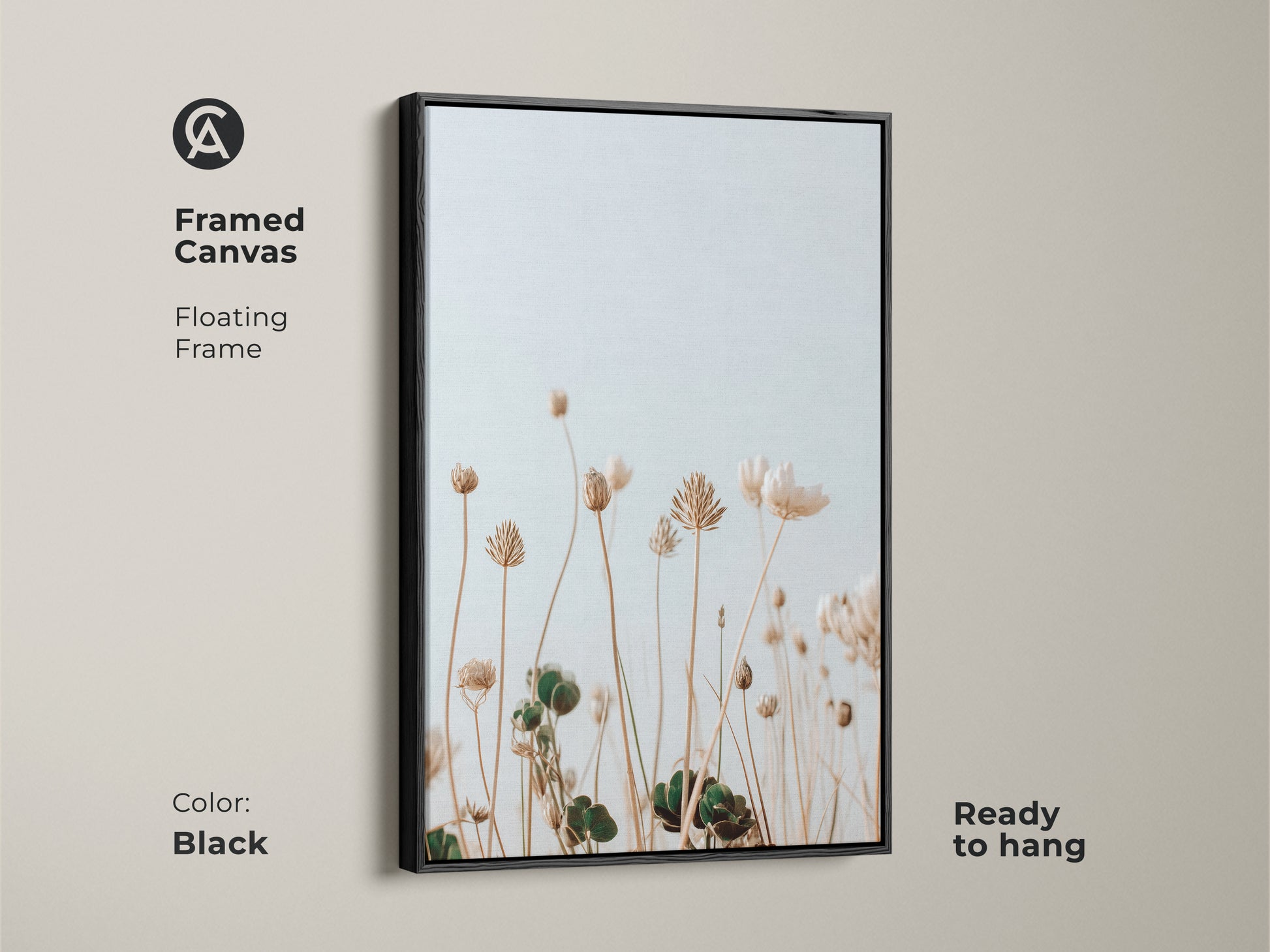 Framed canvas featuring light blue and cream wildflowers. The black floating frame accentuates this minimalist botanical artwork. Perfect for adding a touch of nature to your bedroom decor. It is ready to hang. Ideal for plant lovers seeking a neutral boho art piece for their home.