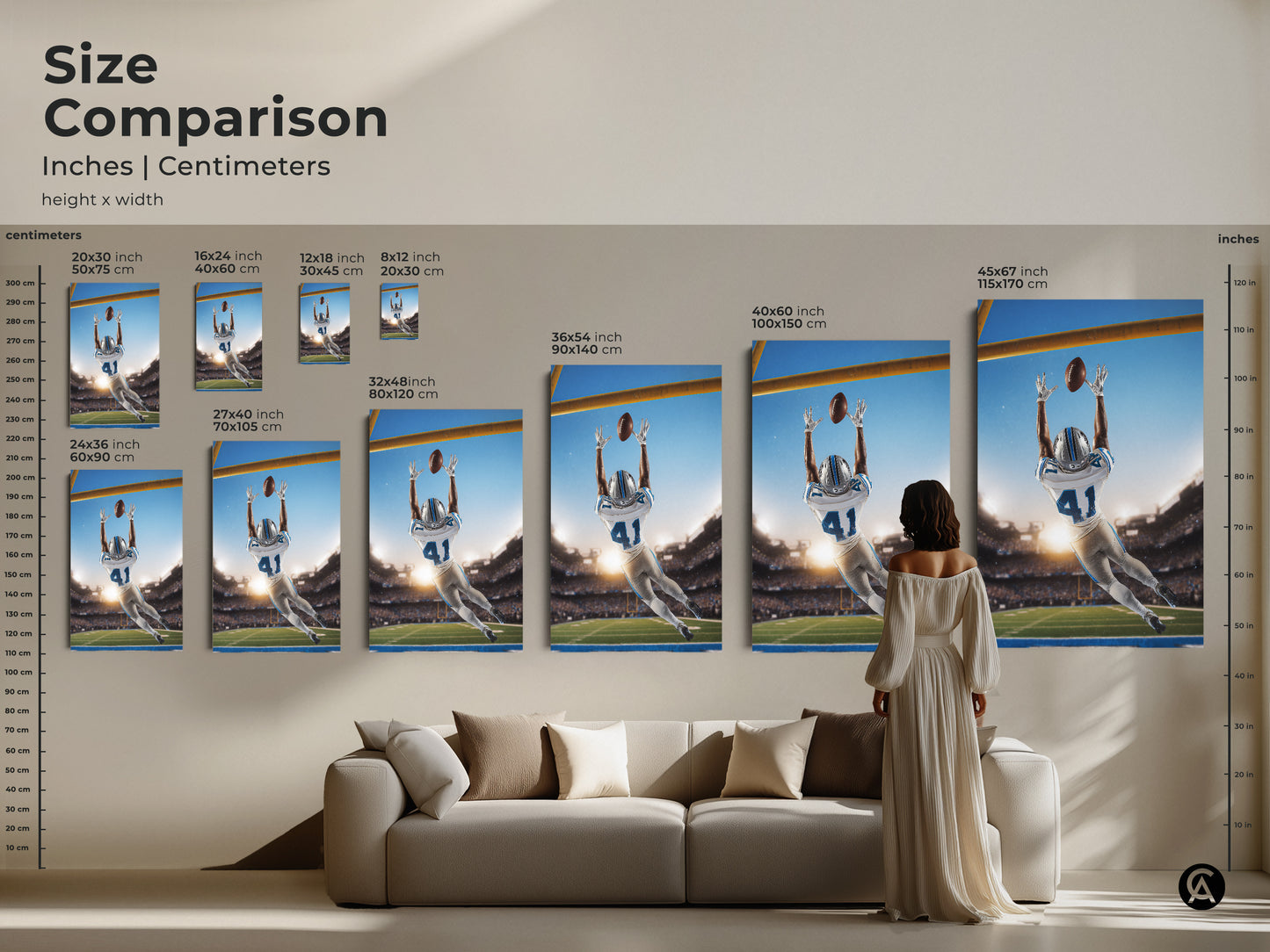 Compare sizes of this dynamic football catch artwork. See how it enhances your living room decor. Perfect for any sports enthusiast seeking stylish wall art.