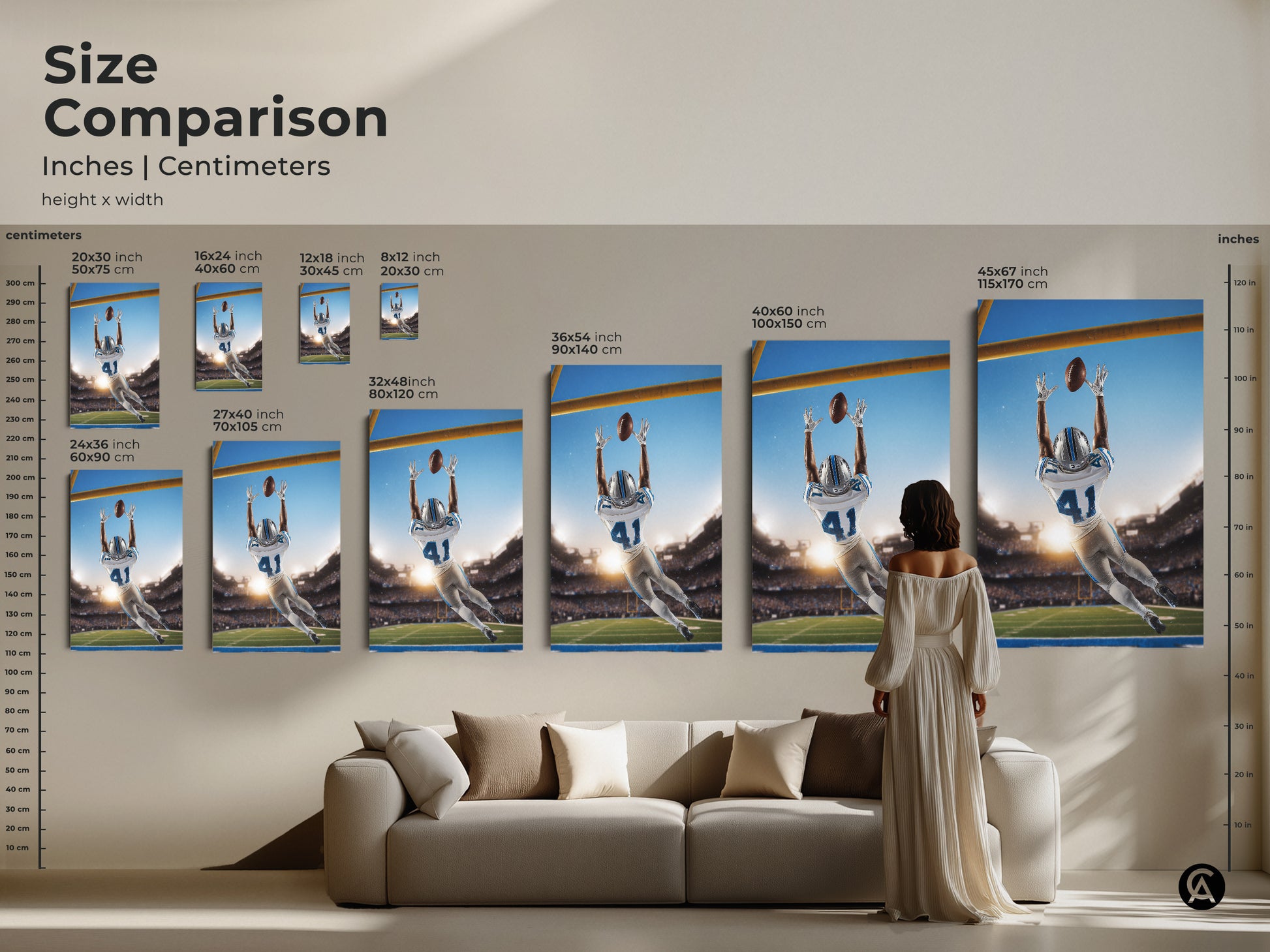 Compare sizes of this dynamic football catch artwork. See how it enhances your living room decor. Perfect for any sports enthusiast seeking stylish wall art.