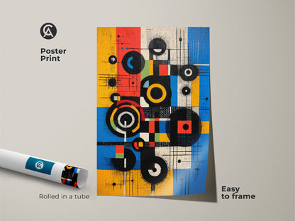 Poster print of a Mid-Century Modern abstract art piece. The artwork displays geometric circles and squares in a vibrant yellow red and blue color scheme. Easy to frame this poster is ideal for adding a splash of color to any room.