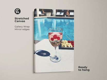 Stretched canvas art showing a raspberry wine cocktail by the pool. Gallery wrapped with mirrored edges this piece is ready to hang. The aqua pink artwork enhances any contemporary space. Ideal for modern bar or dining room.