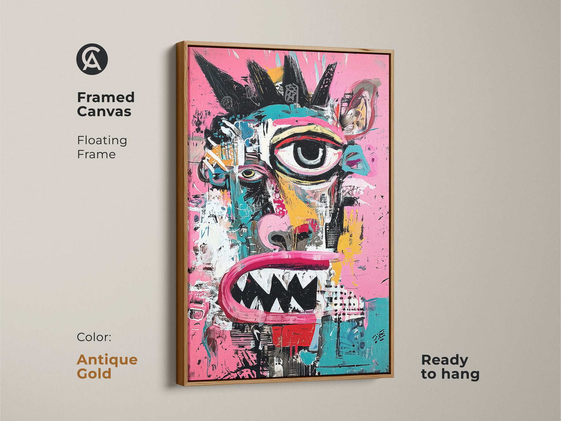 Framed canvas art print showcasing a vibrant monster face. The antique gold floating frame adds a touch of elegance. This ready-to-hang artwork brings sophistication to your decor. Its unique character makes it a captivating piece.