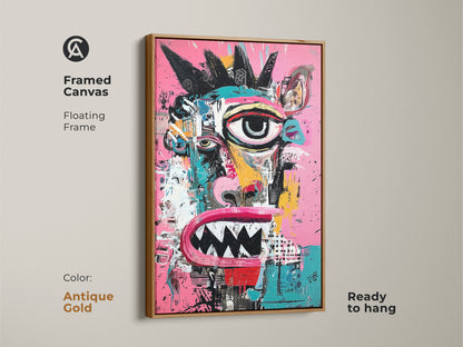 Framed canvas art print showcasing a vibrant monster face. The antique gold floating frame adds a touch of elegance. This ready-to-hang artwork brings sophistication to your decor. Its unique character makes it a captivating piece.