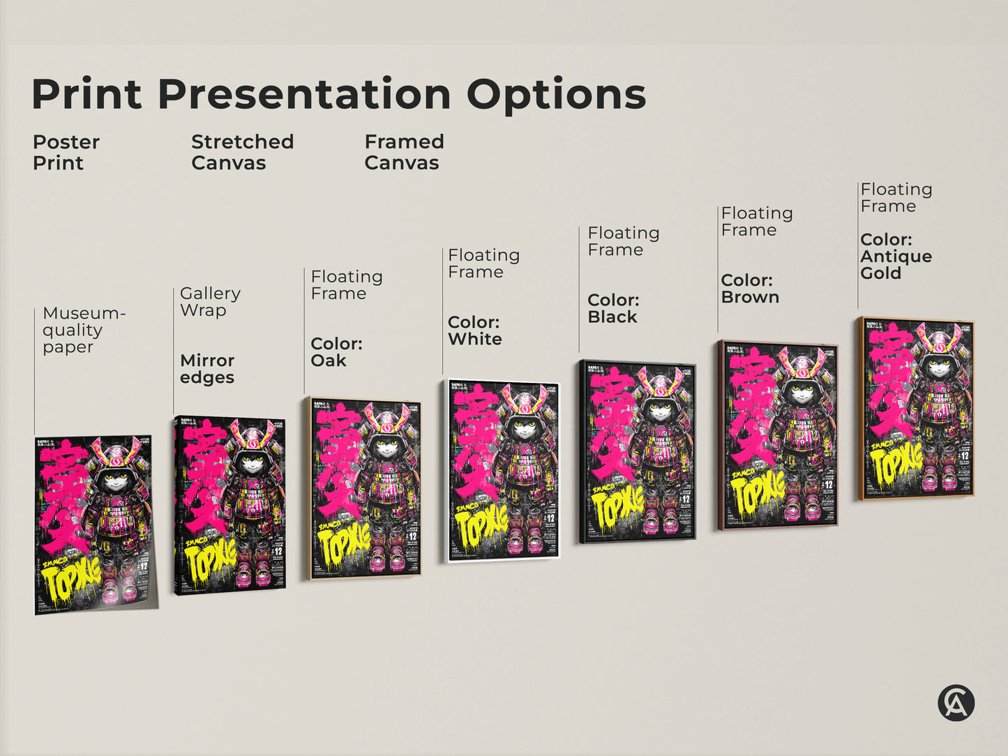 Explore various print presentation options for the Smaco Topix samurai artwork. Choose from poster prints stretched canvas or framed canvas. Each option highlights the vibrant colors and bold character of this unique piece.