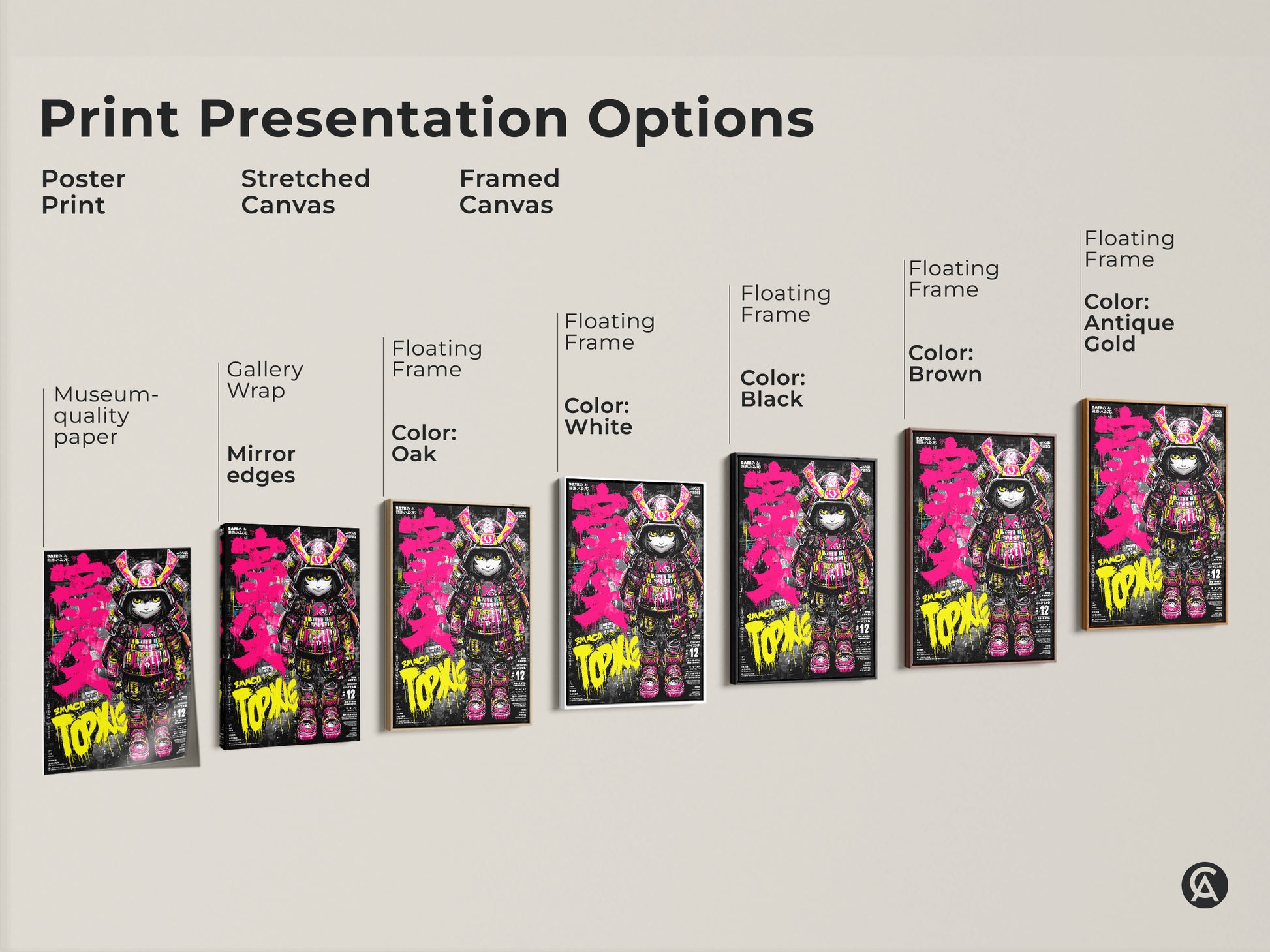 Explore various print presentation options for the Smaco Topix samurai artwork. Choose from poster prints stretched canvas or framed canvas. Each option highlights the vibrant colors and bold character of this unique piece.