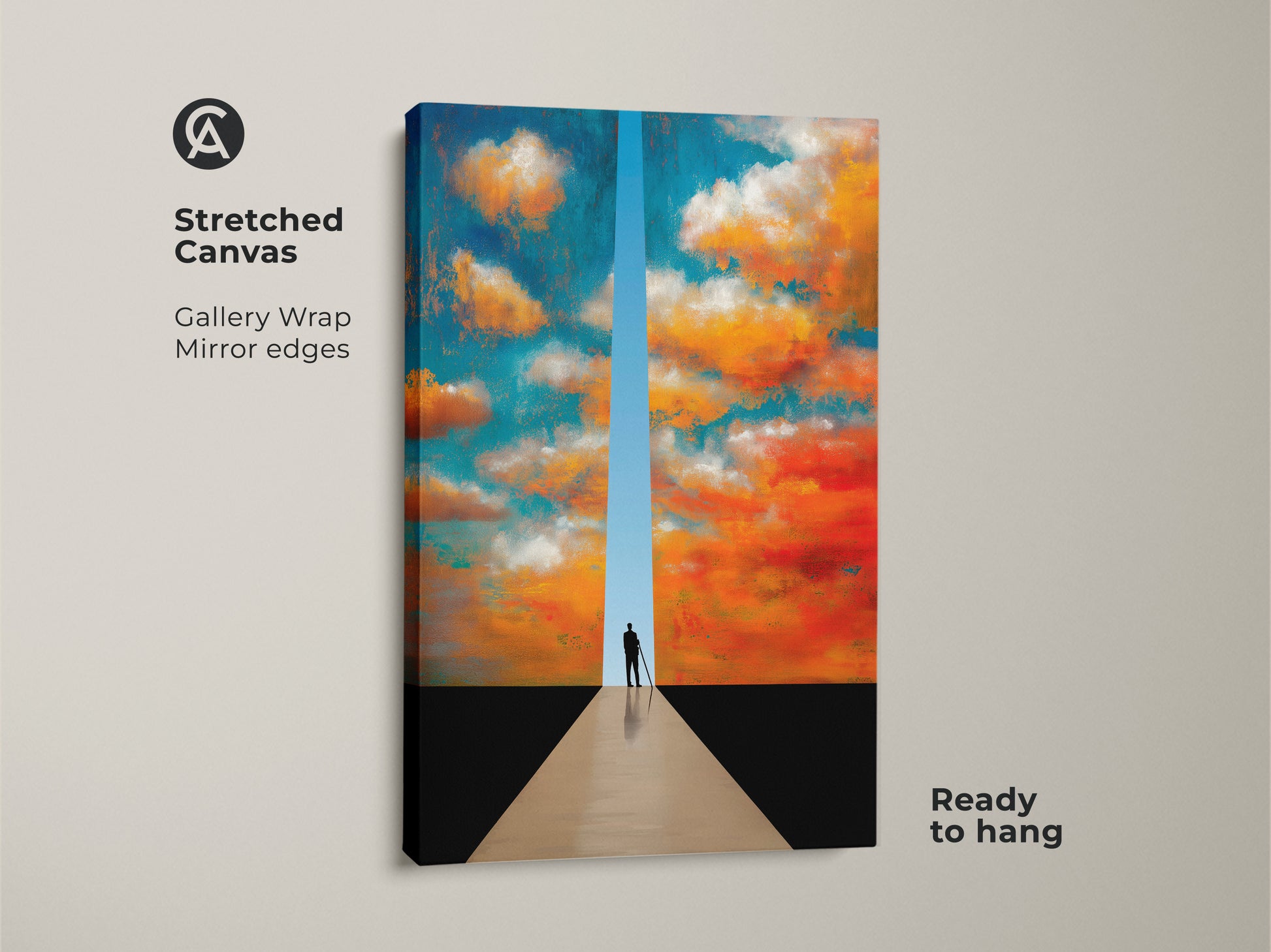 Stretched canvas featuring a surreal cloudscape artwork. Gallery wrap with mirror edges. This teal and orange sky canvas is ready to hang. The abstract figurative print adds modern art to any room.