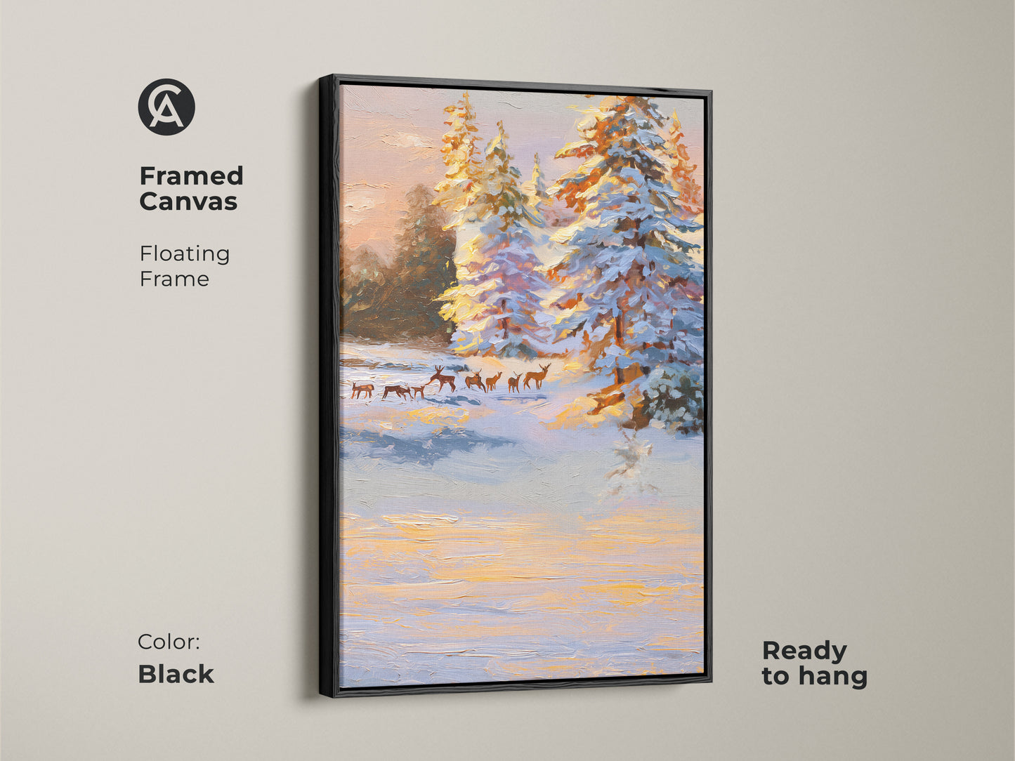 Framed canvas art featuring a winter wildlife scene. The art shows deer near snowy pine trees. The black floating frame adds a modern touch. This ready to hang nature artwork is perfect for a cozy living room.