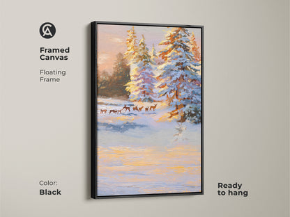Framed canvas art featuring a winter wildlife scene. The art shows deer near snowy pine trees. The black floating frame adds a modern touch. This ready to hang nature artwork is perfect for a cozy living room.