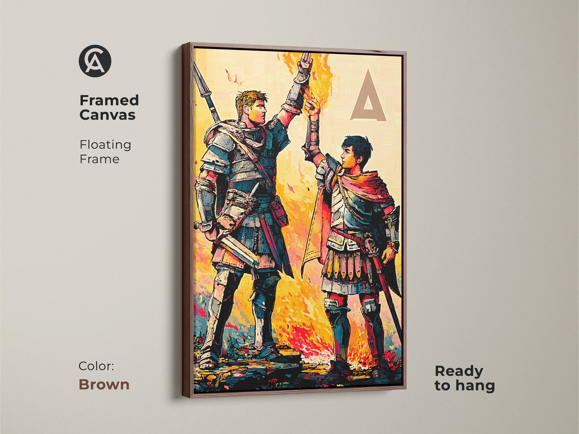 Add color to your space with a framed fantasy art print. This graphic novel style piece features knights in armor with crimson teal and yellow tones. A perfect gift for him.