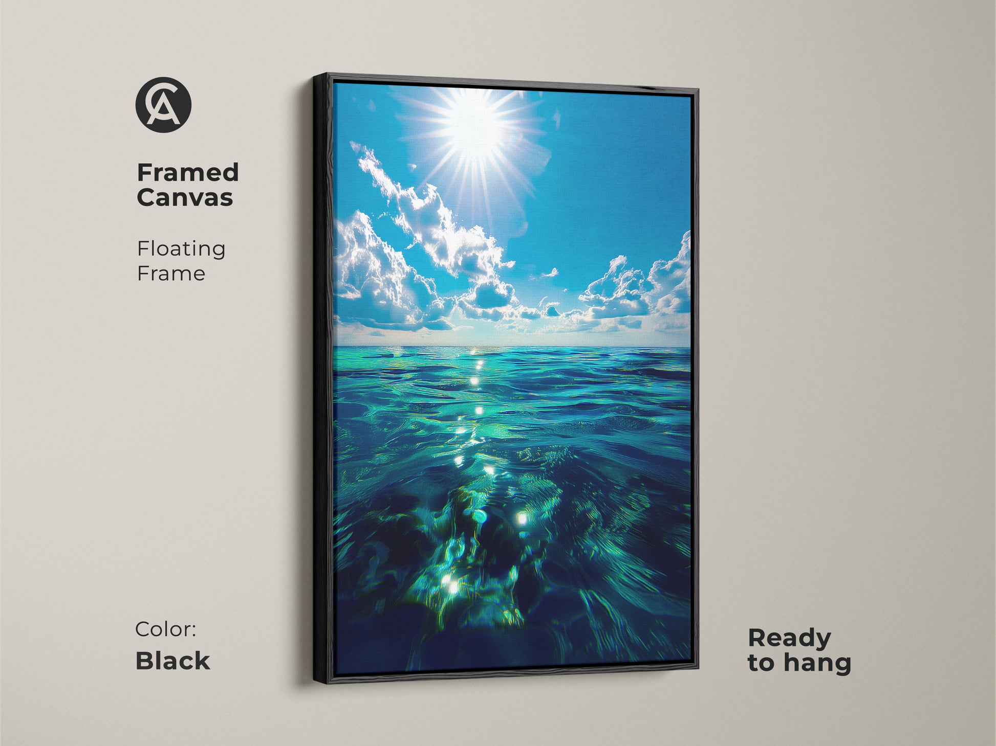This framed canvas art features photorealistic ocean waves with a black floating frame. The coastal wall art decor is ready to hang. The deep blue ocean artwork brings the beauty of the sea to your walls. It adds tranquility to any room.