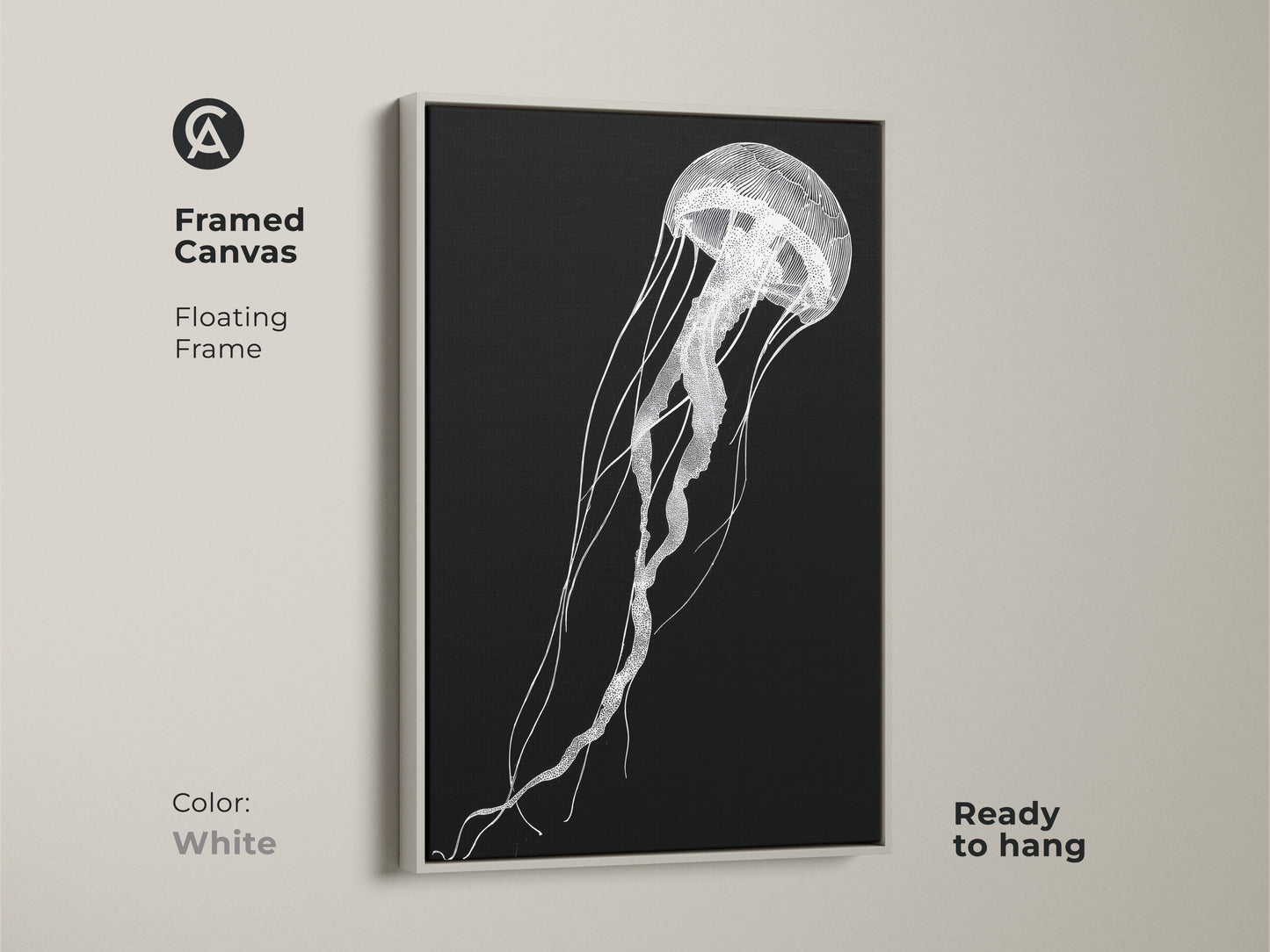 A framed canvas features minimalist jellyfish artwork with a floating white frame. This contemporary sea life decor is ready to hang. The black and white line art adds sophistication to any space.