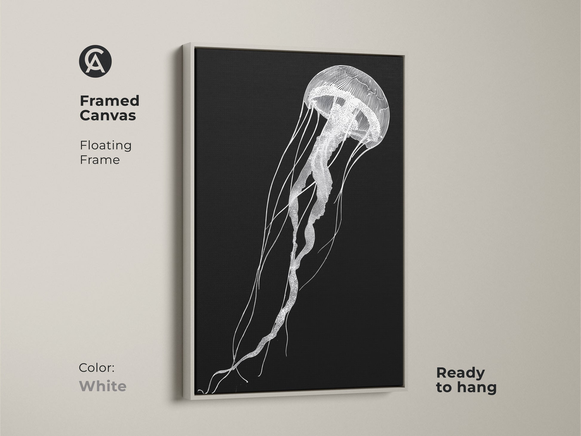 A framed canvas features minimalist jellyfish artwork with a floating white frame. This contemporary sea life decor is ready to hang. The black and white line art adds sophistication to any space.