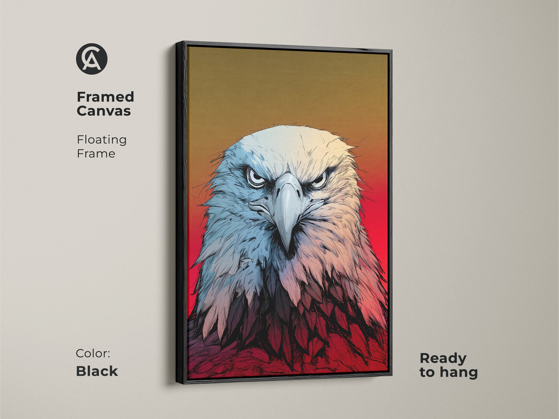 Enhance your decor with this framed American Eagle canvas. This wildlife art print features a floating frame adding sophistication. The eagle head artwork is perfect as bird of prey decor. This office wall art is a bold animal art choice and a great gift.