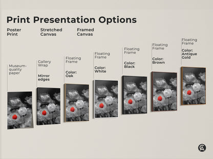 Print presentation options feature various styles of abstract botanical line art. Choose from poster prints stretched canvas and framed canvas. Each features a red poppy against black and white florals. Find the perfect minimalist art for your home decor.