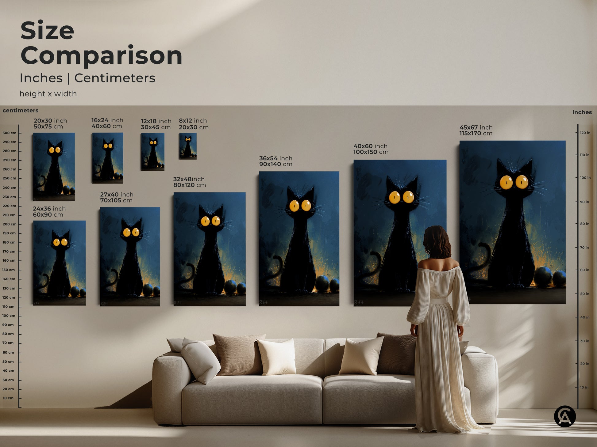 Size comparison of black cat art prints in inches and centimeters. See how the gothic artwork fits in your space. Perfect for Halloween decor and cat lover gifts. Choose from various sizes for your home.