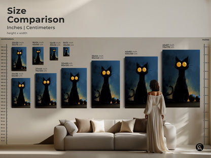 Size comparison of black cat art prints in inches and centimeters. See how the gothic artwork fits in your space. Perfect for Halloween decor and cat lover gifts. Choose from various sizes for your home.