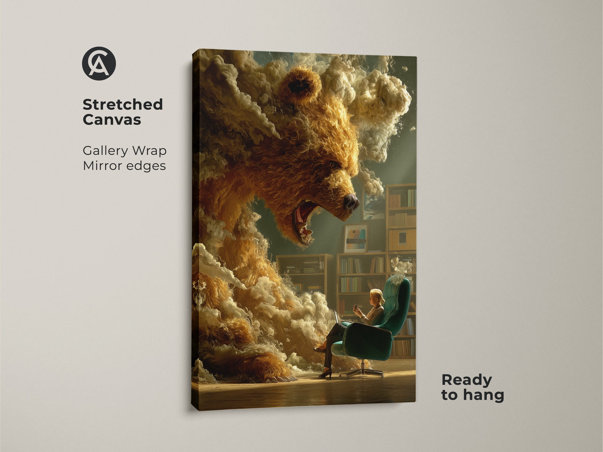 Stretched canvas displaying surreal bear wall art. The gallery wrap has mirror edges for a clean look. It is ready to hang. The fantasy bear canvas print enhances any eclectic study room decor.