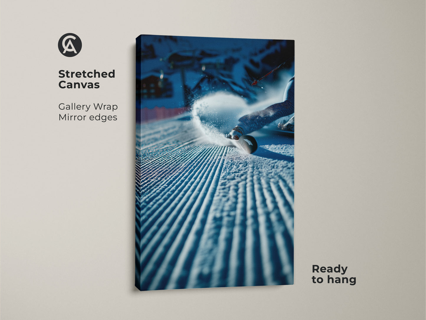 Stretched canvas artwork featuring a snowboarder making a turn. This gallery-wrapped canvas has mirrored edges. It comes ready to hang. A great piece for adding action and energy to any room. Get yours now.