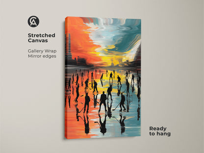 Stretched canvas art showing an abstract hockey scene with gallery wrapped mirror edges. The modern artwork features orange teal and yellow hues. It's ready to hang and perfect for sports themed spaces or hockey fans.