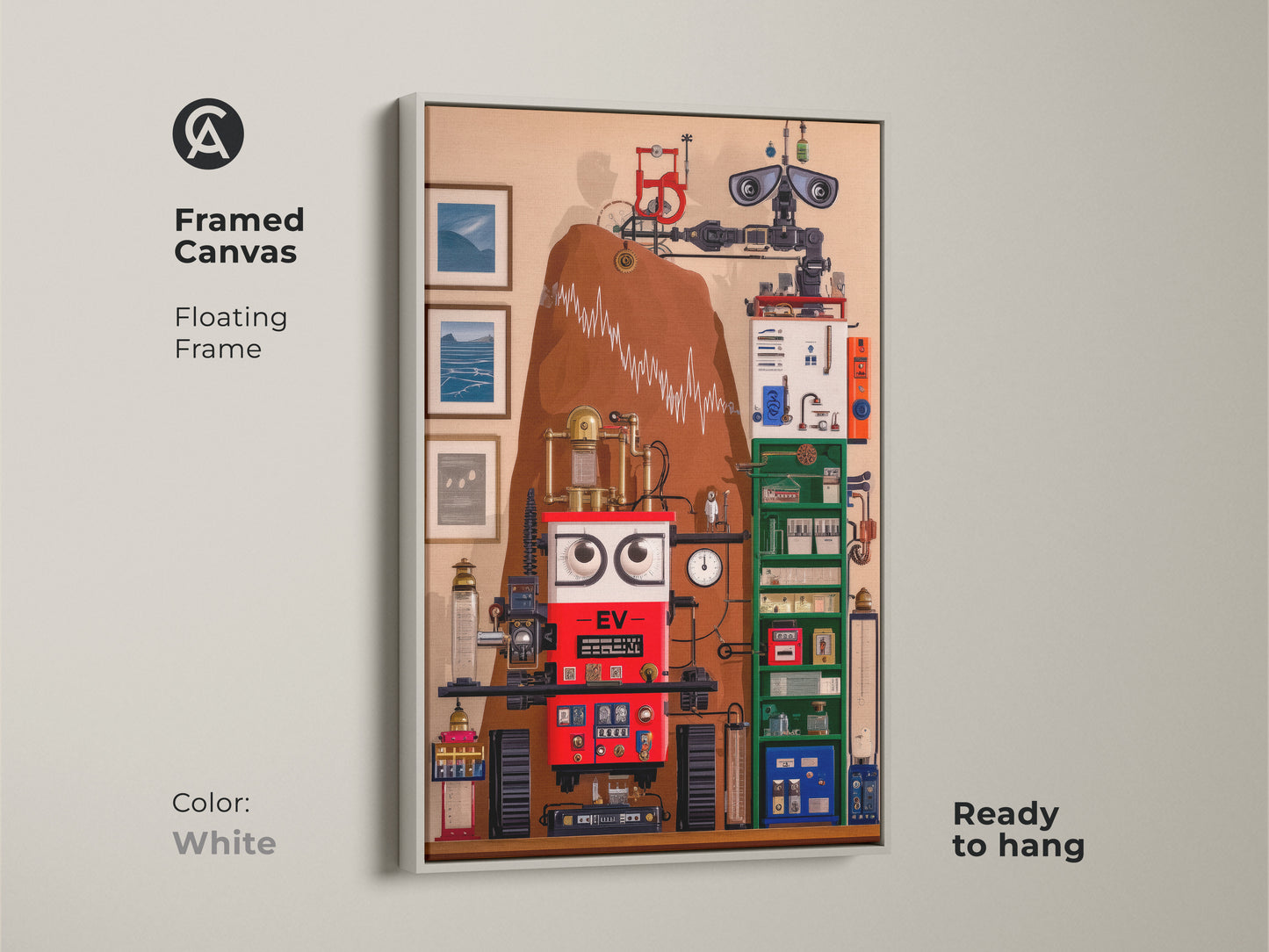 This framed canvas showcases surreal steampunk robot artwork. The white floating frame highlights its intricate gears. Red blue and brown add an eclectic style. The abstract machine artwork is ready to hang. It is the perfect office decor.