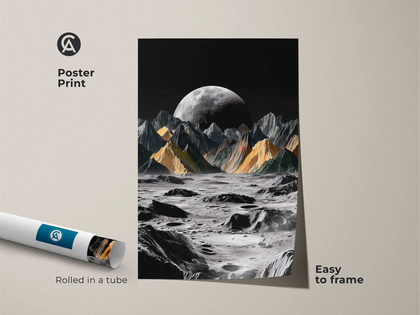 Poster print displays a surreal moon landscape rolled in a tube easy to frame. Cosmic space wall art features dramatic lunar mountains. Its contemporary style enhances any study room decor. A unique gift for stargazers who appreciate abstract mountain landscape and extraterrestrial planet art.