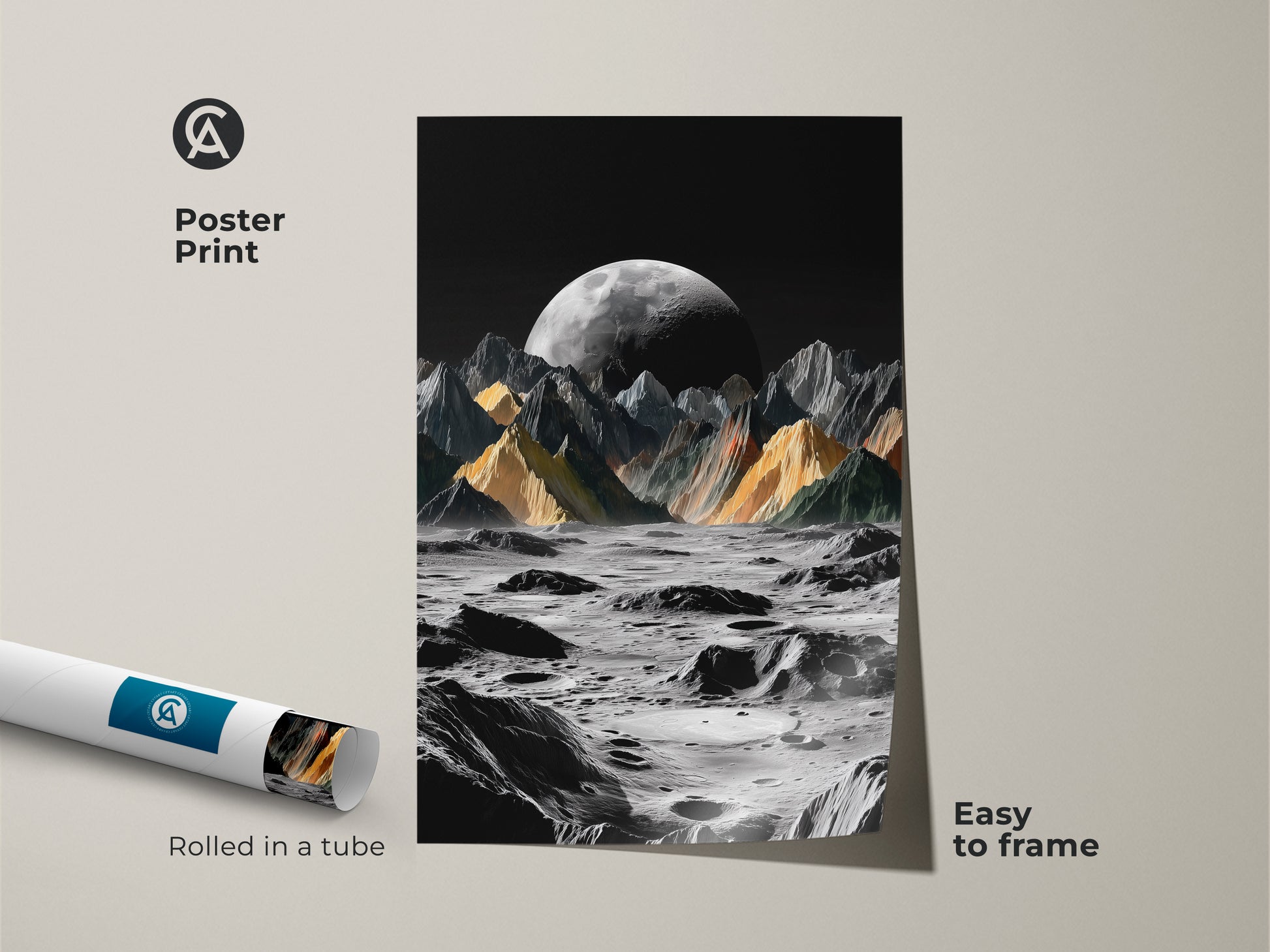 Poster print displays a surreal moon landscape rolled in a tube easy to frame. Cosmic space wall art features dramatic lunar mountains. Its contemporary style enhances any study room decor. A unique gift for stargazers who appreciate abstract mountain landscape and extraterrestrial planet art.