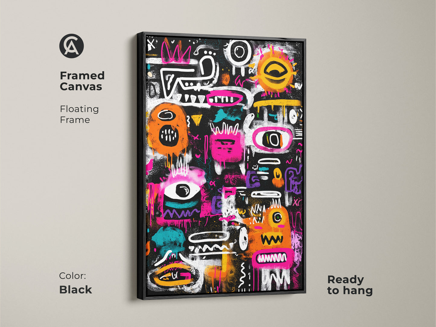 Framed canvas featuring abstract graffiti artwork. The floating frame enhances the modern aesthetic. The artwork is ready to hang and adds a touch of urban flair to any space. This framed canvas comes in black. Discover this and more unique pieces now
