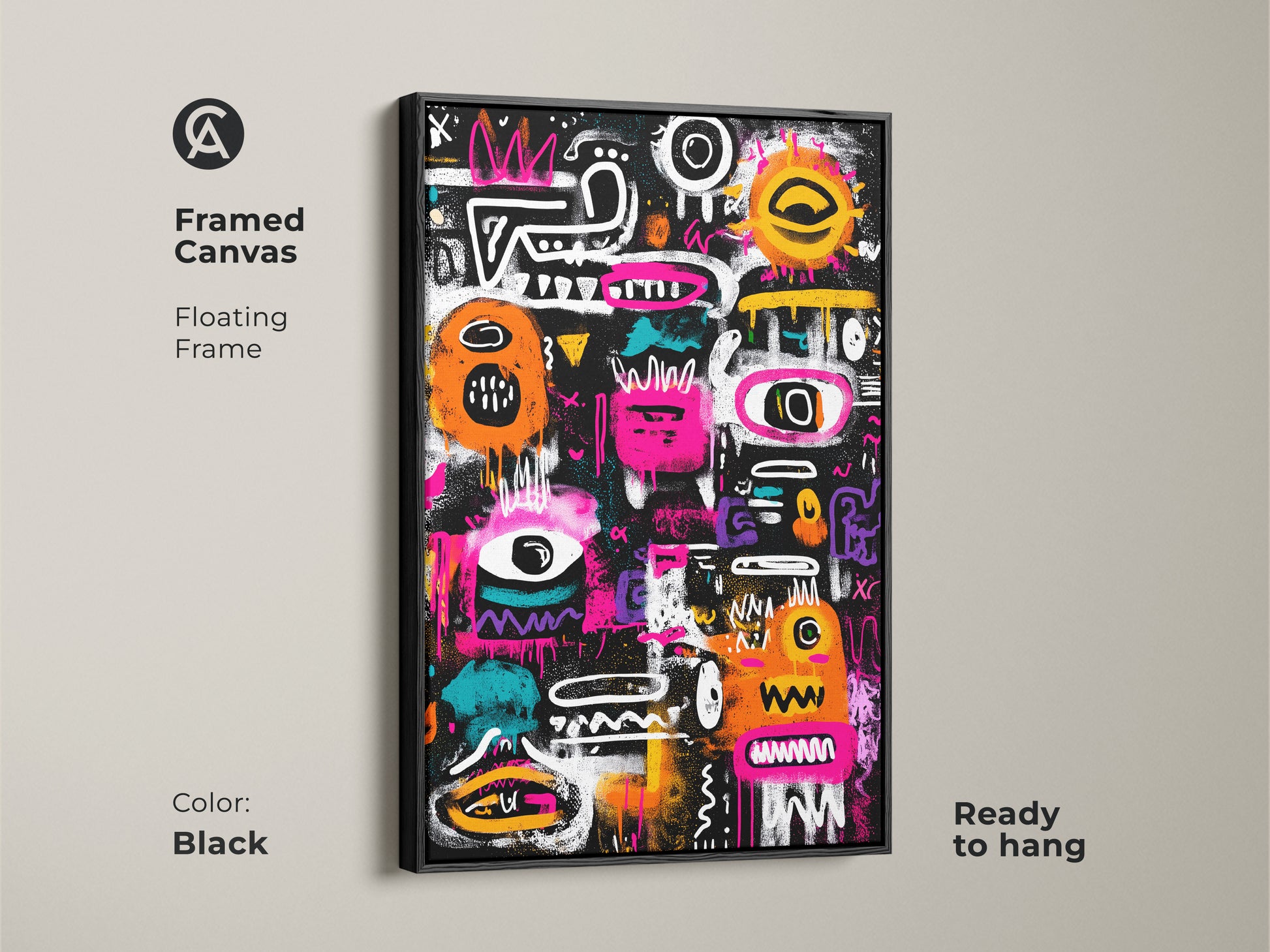 Framed canvas featuring abstract graffiti artwork. The floating frame enhances the modern aesthetic. The artwork is ready to hang and adds a touch of urban flair to any space. This framed canvas comes in black. Discover this and more unique pieces now
