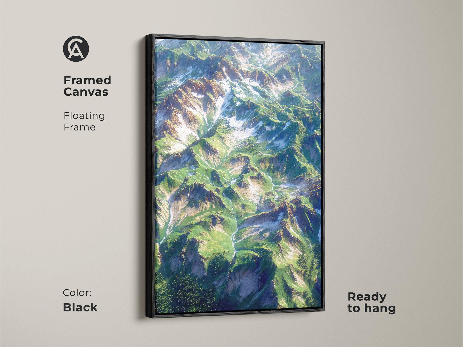 Framed canvas art with a black floating frame. The artwork features an aerial mountain landscape. The canvas is ready to hang. The black frame enhances the colors of the mountain peaks. This art creates a focal point in any room. Perfect for modern and minimalist interiors.